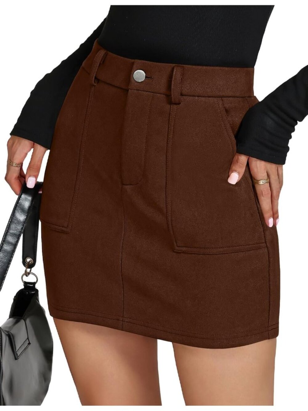 Women Coffee Faux Suede Button & Zipper Belt Loops Pockets Mini High Waist Skirt